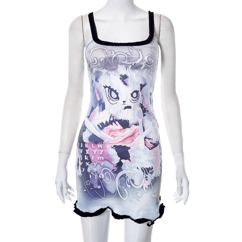 Comic pattern contrast ruffle backless square neck sleeveless mini dress
