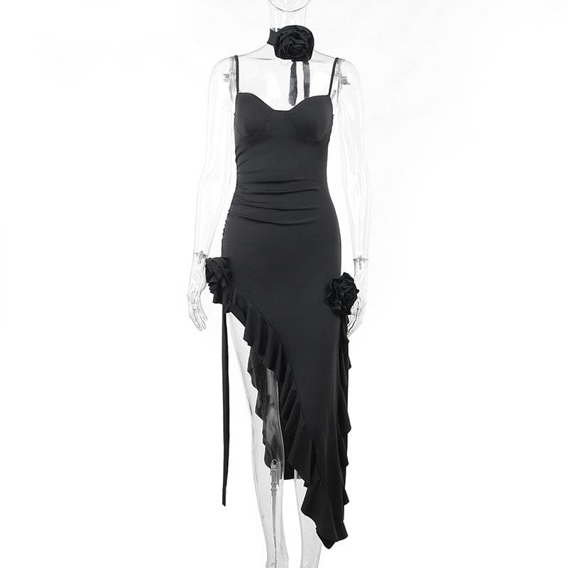 Spaghetti Strap Sweetheart Bustier Ruffle High Split Maxi Dress