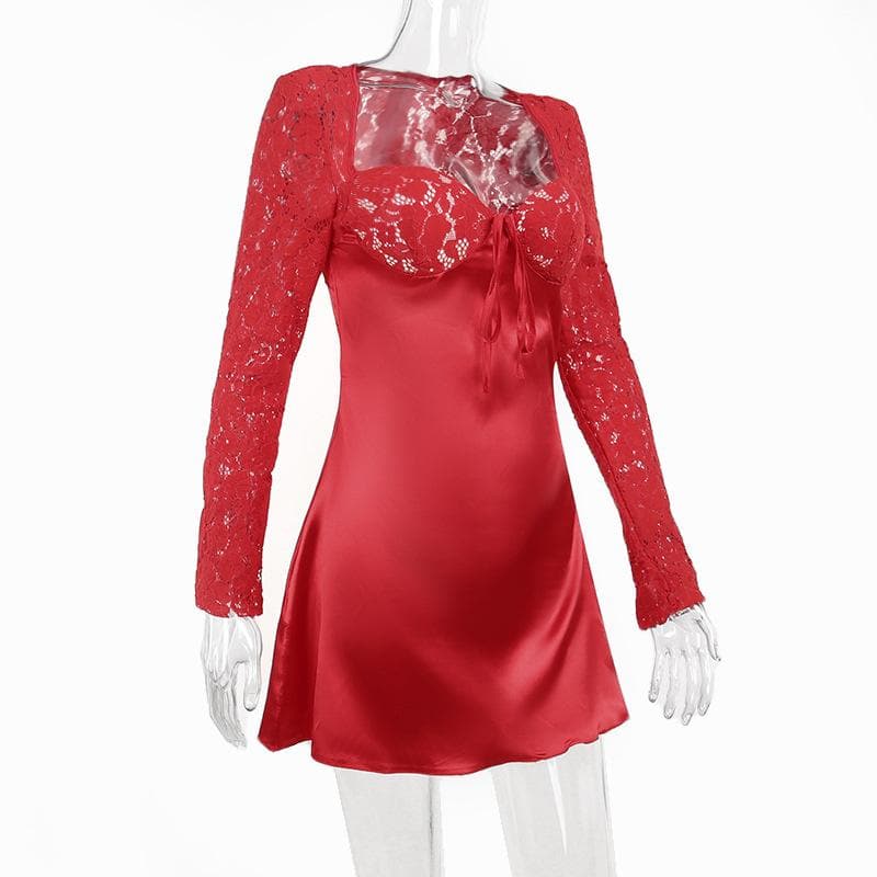 Lace zip-up long sleeve patchwork padded mini dress 3