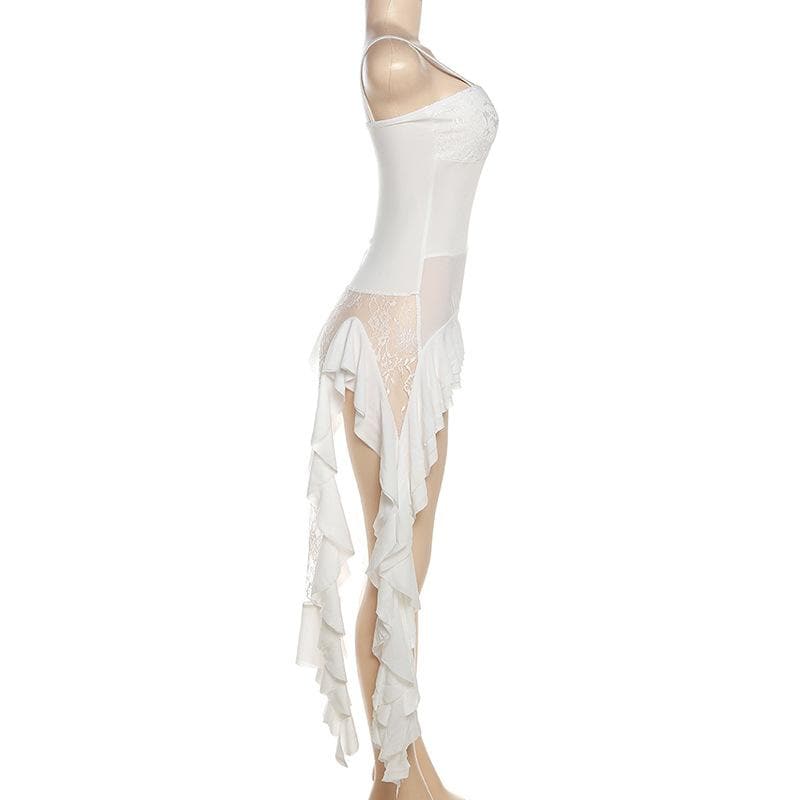Lace patchwork square neck ruffle solid cami mini dress - View 3