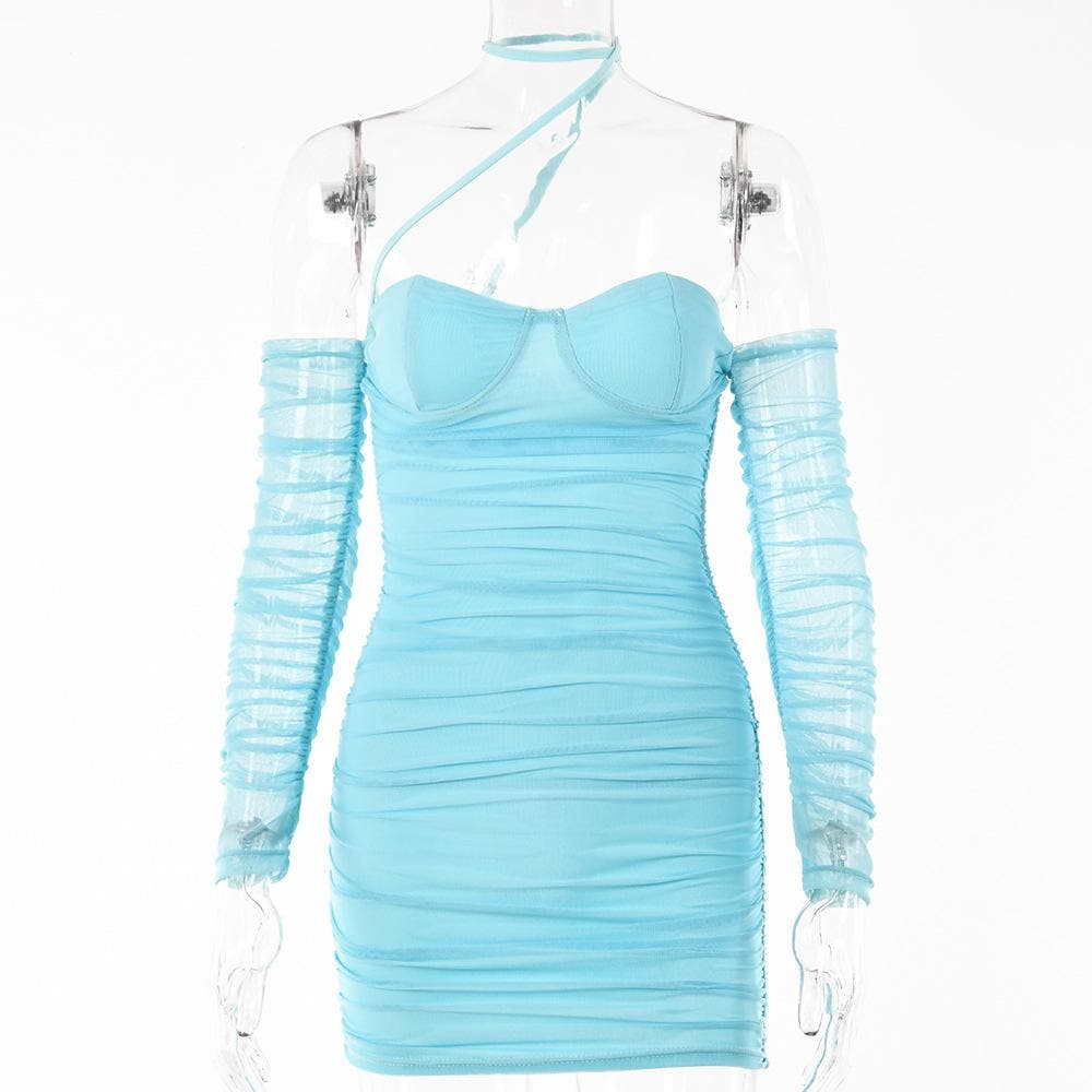Mesh Halter Neck Off Shoulder Long Sleeve Ruched Bodycon Mini Dress