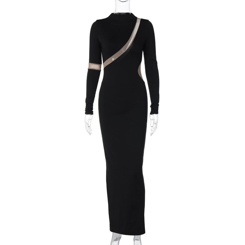 Contrast irregular mesh patchwork long sleeve slit maxi dress - View 2