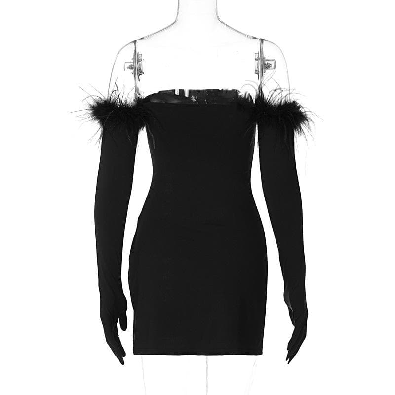 Strapless High Split Tube Mini Dress with Feather Trim Gloves 5