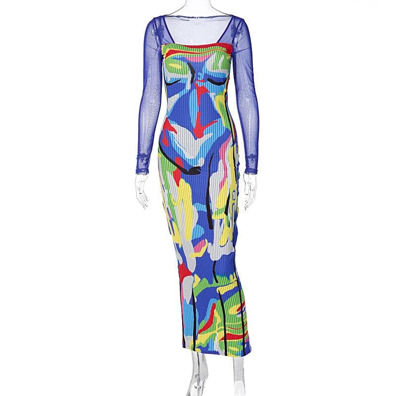 Long sleeve contrast abstract mesh midi dress 3