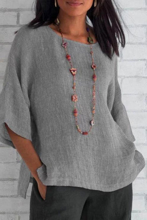 Linen Half Sleeve O Neck Loose Blouse