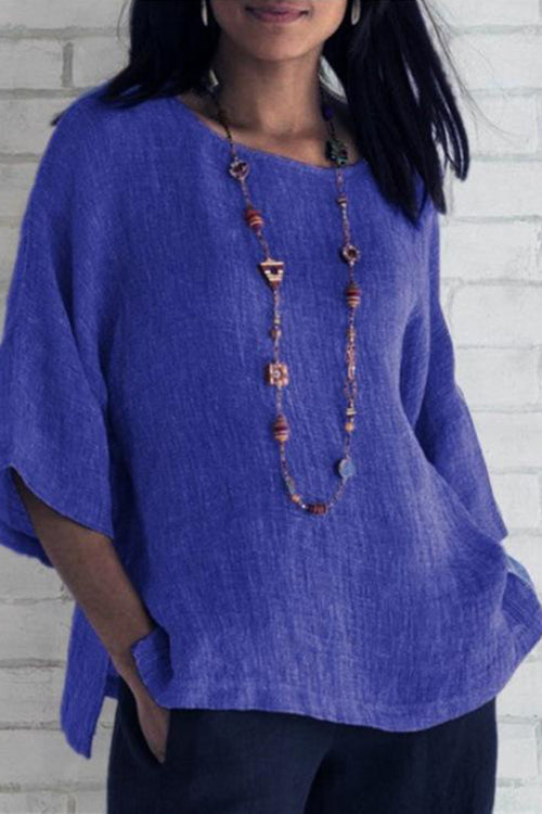 Linen Half Sleeve O Neck Loose Blouse