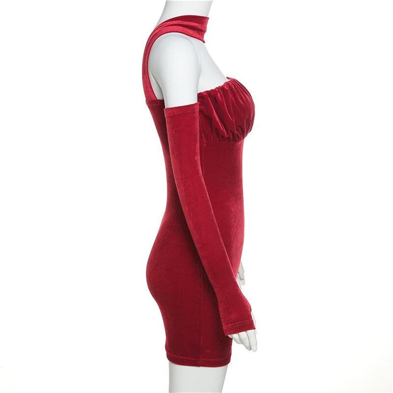 Velvet Halter Neck Glove Sleeve Ruched Bodycon Mini Dress
