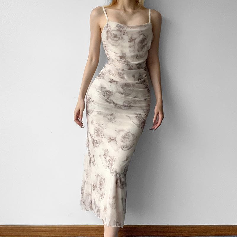 Floral Print Spaghetti Strap Ruched Mermaid Maxi Dress