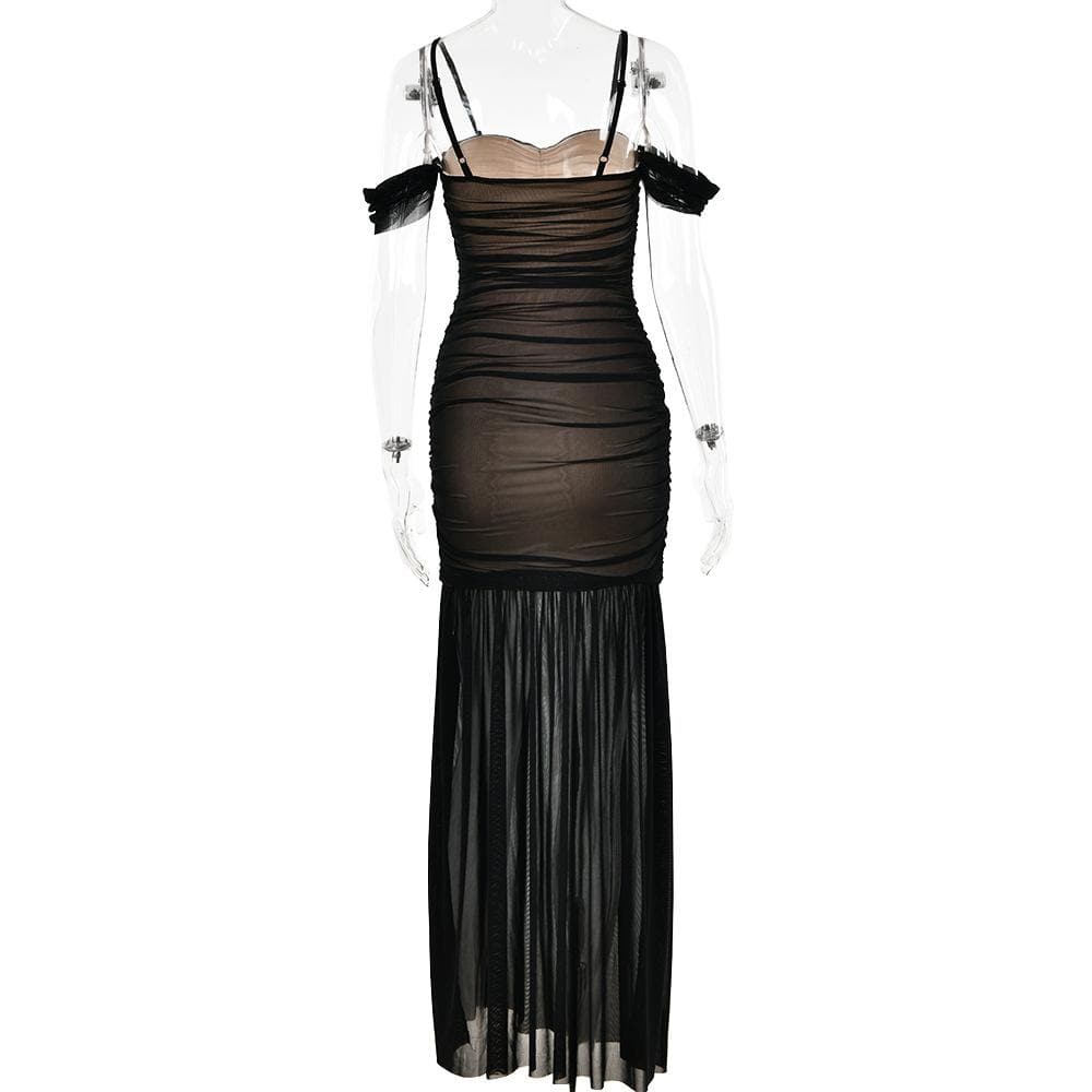 Mesh off shoulder ruched patchwork backless maxi dress 5
