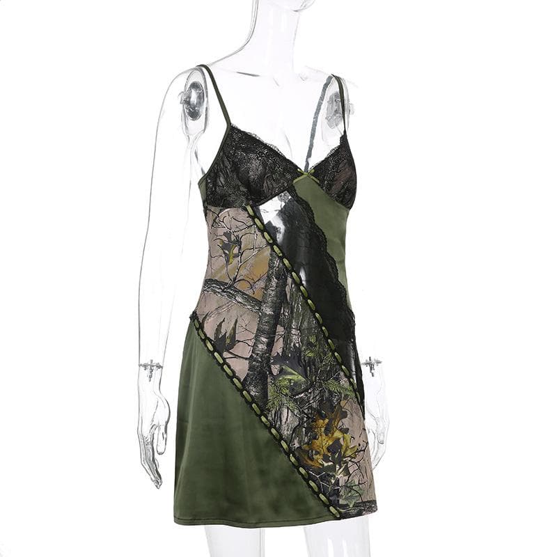 Lace Trim Forest Print Patchwork Spaghetti Strap Bodycon Mini Dress