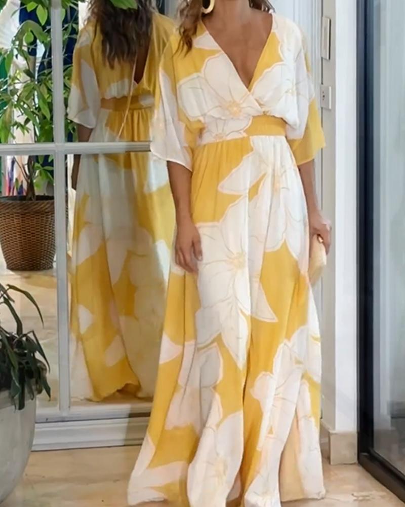 Floral V-Neck Flutter Sleeve Maxi Dress Summer