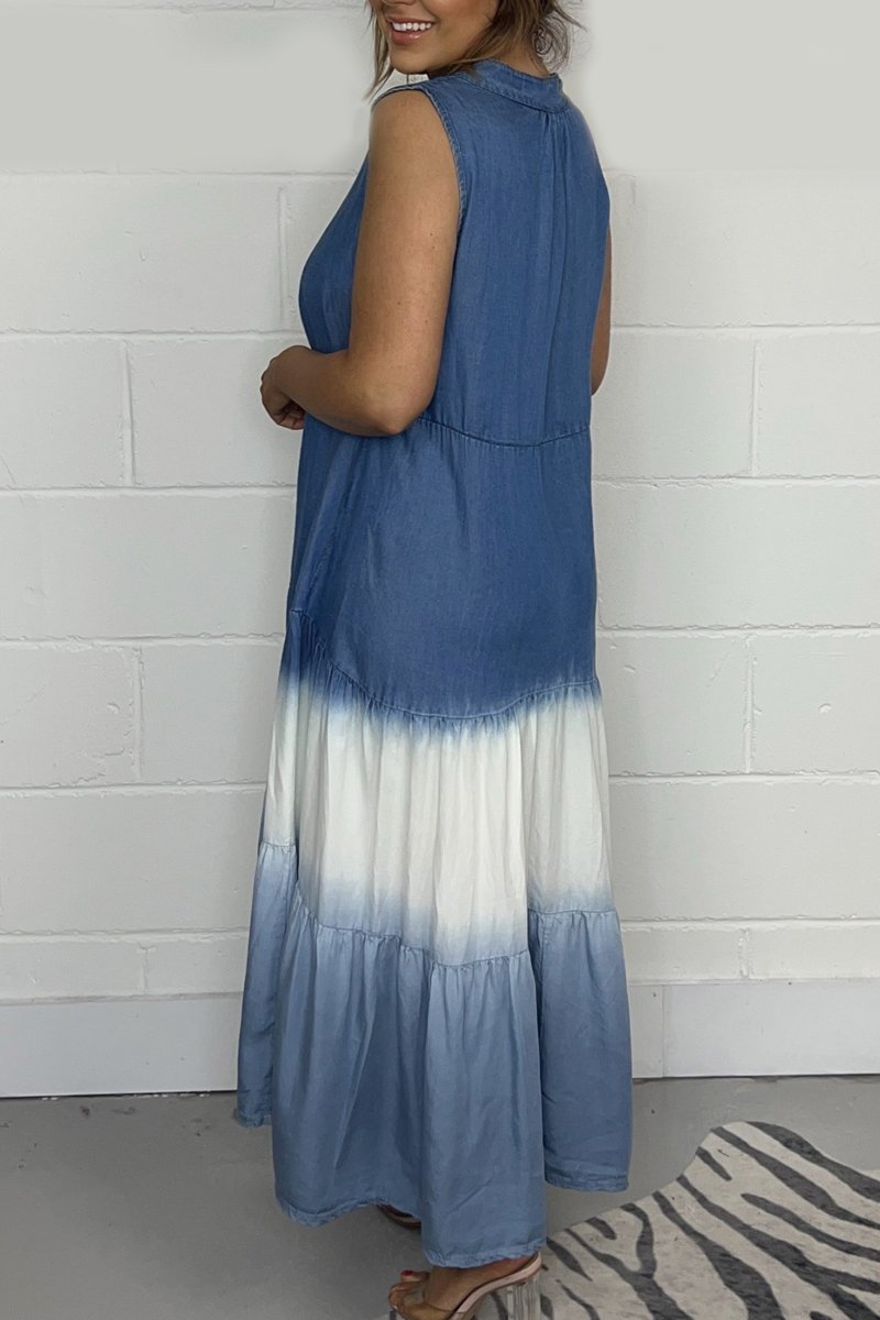Chambray Sleeveless Button Front Tiered Midi Dress 2