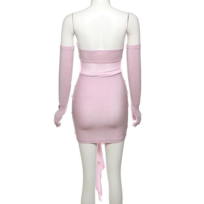 Glitter Strapless Mesh Cut Out Flower Applique Bodycon Mini Dress
