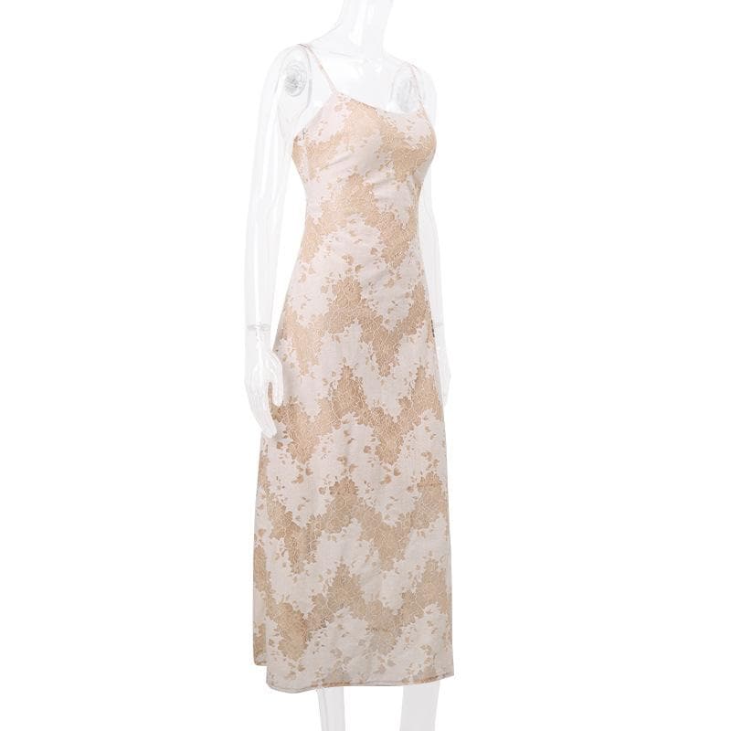 Lace u neck zip-up backless self tie cami midi dress 4