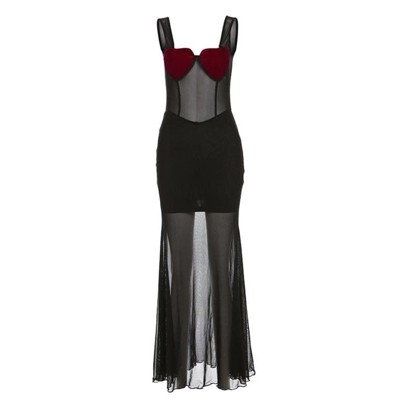 Heart patchwork mesh contrast sleeveless backless maxi dress 8