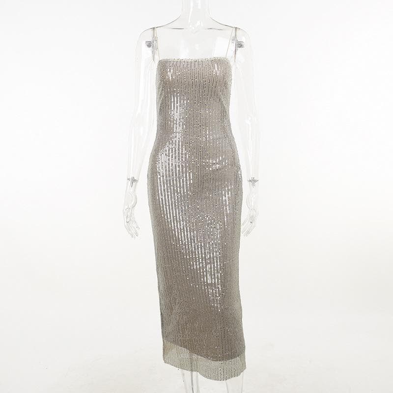 Glitter spaghetti strap zip-up slit backless midi dress 2