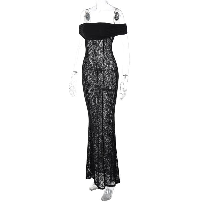 Lace off shoulder see through solid ruched maxi dress 3