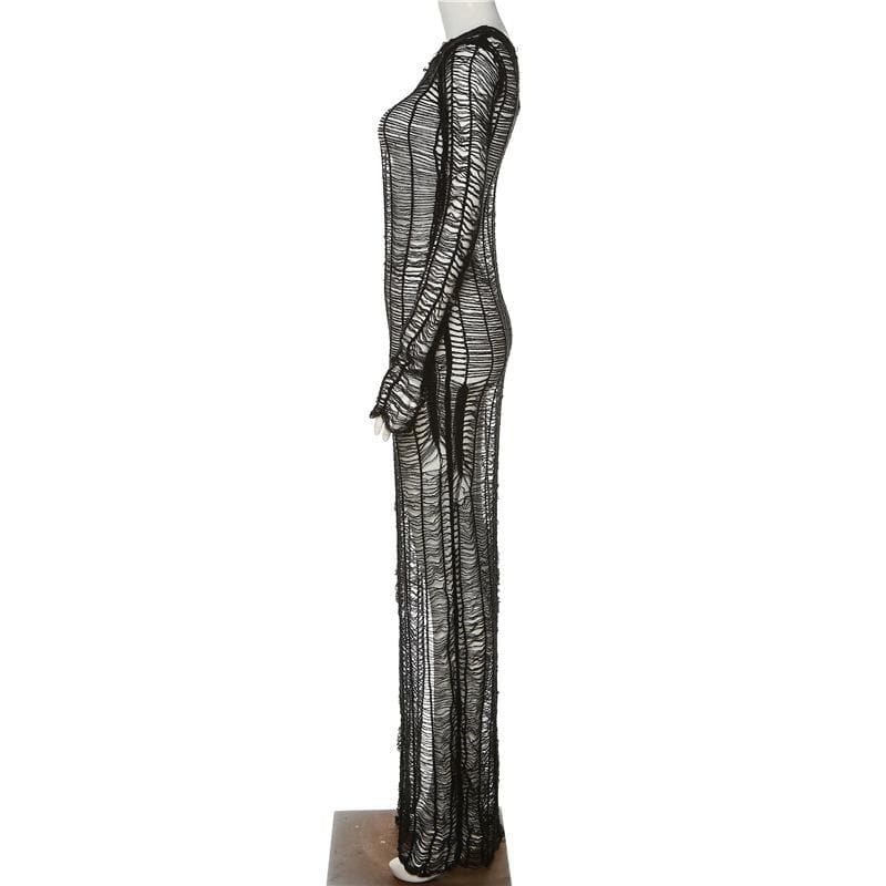 Distressed Open Knit One Shoulder Long Sleeve Sheer Maxi Dress 6
