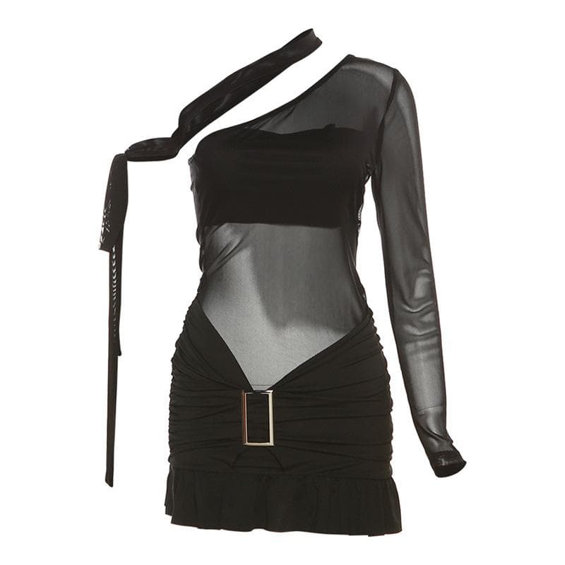 Ruffle contrast buckle one shoulder irregular ruched mesh mini dress 2