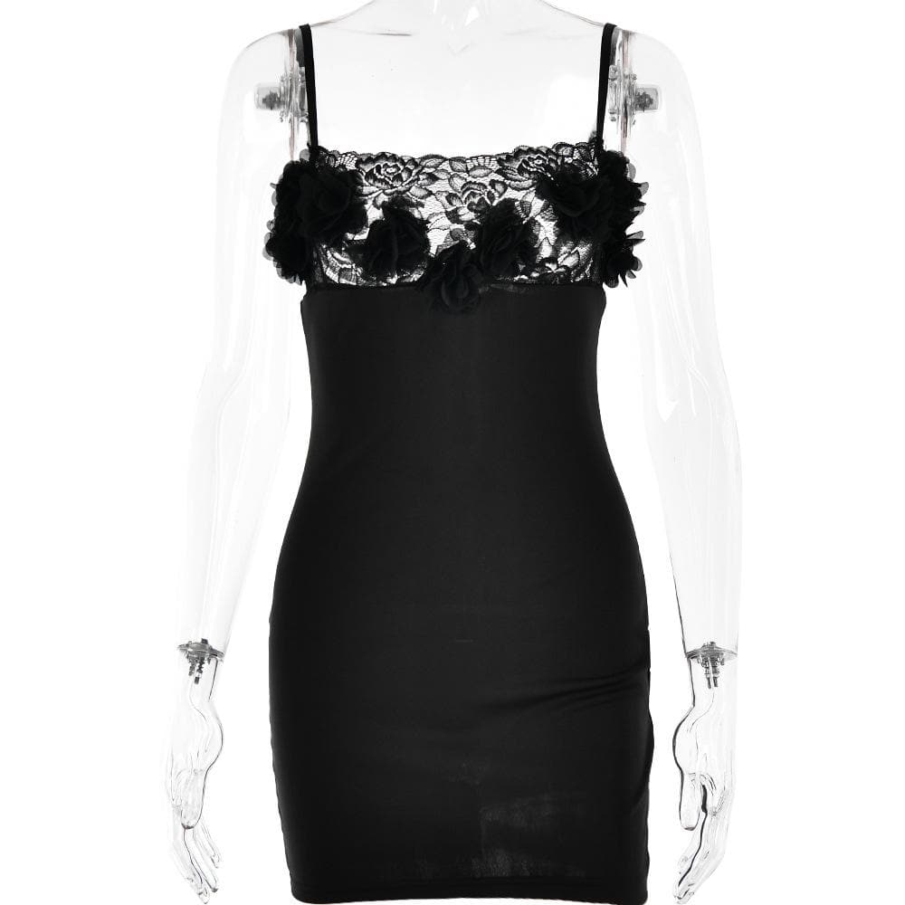 Flower Applique Lace Trim Square Neck Spaghetti Strap Bodycon Mini Dress