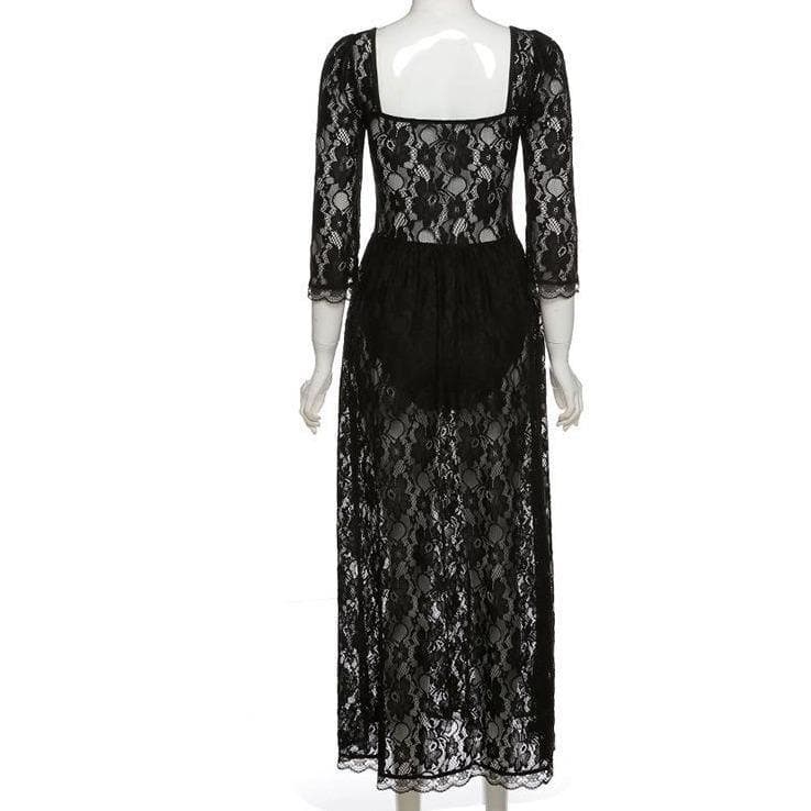 Square neck hem lace slit long sleeve midi dress - View 3
