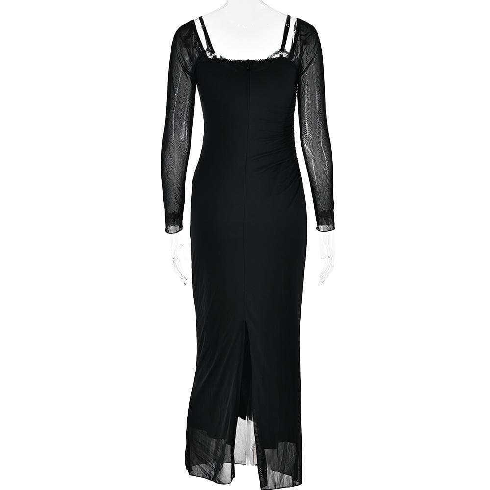 Patchwork lace mesh long sleeve zip-up slit solid maxi dress - View 5