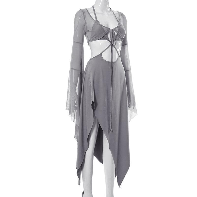 Mesh Halter Neck Flared Sleeve Cut Out High Split Midi Dress