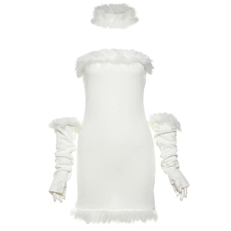 Feather gloves backless patchwork tube mini dress 2