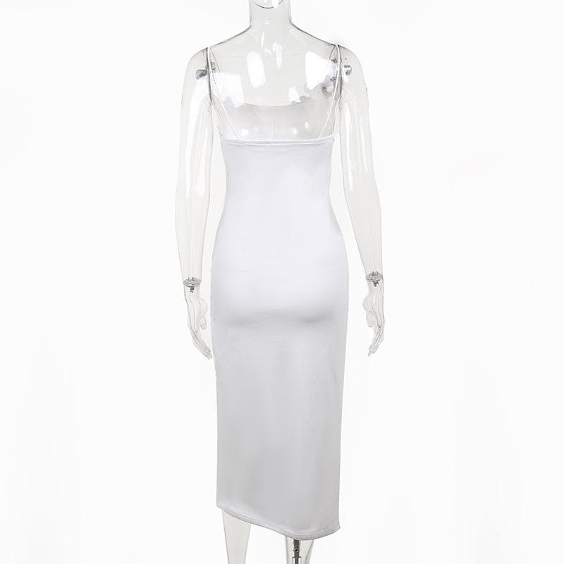 Square Neck Spaghetti Strap Flower Applique Ruched High Split Maxi Dress