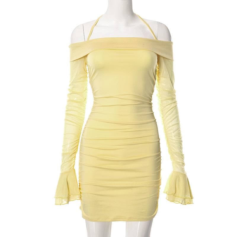 Off Shoulder Halter Neck Long Sleeve Mesh Ruched Bodycon Mini Dress