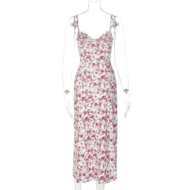 Floral Print Sweetheart Lace Trim High Split Slip Maxi Dress
