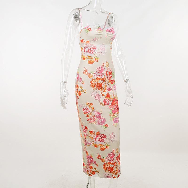 Lace hem sweetheart neck flower print contrast cami maxi dress - View 3