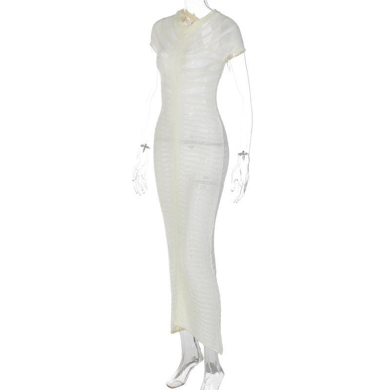 Short Sleeve Open Knit Pointelle Striped Bodycon Maxi Dress