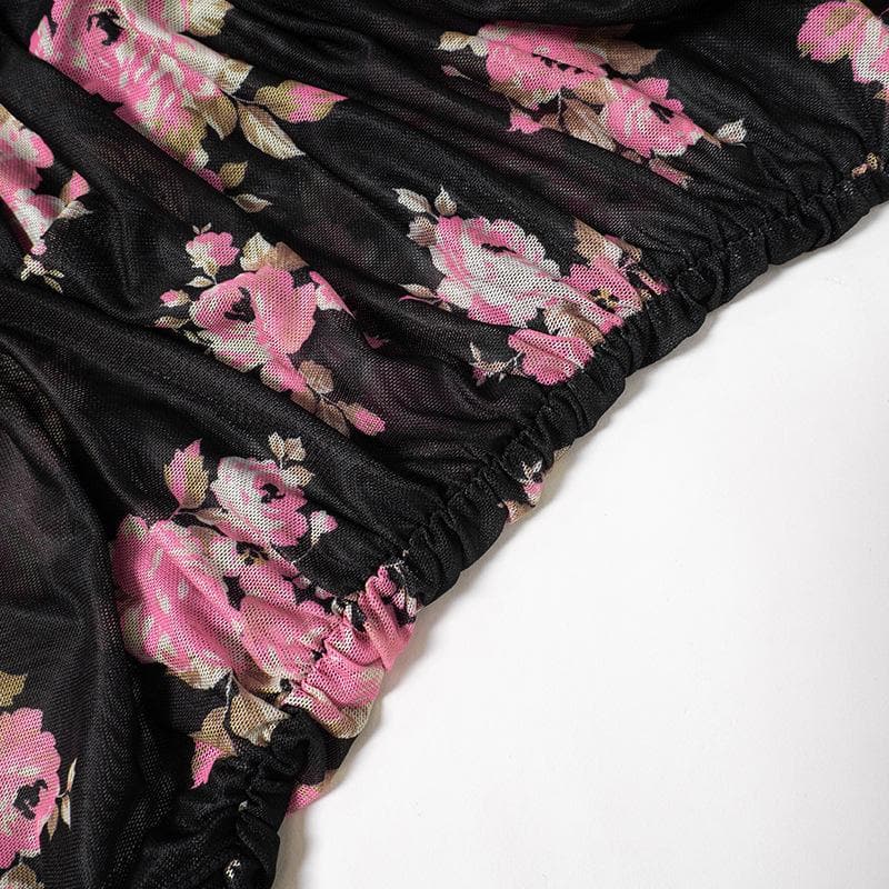 Floral Print Cowl Neck Long Sleeve Ruched Sheer Mesh Mini Dress