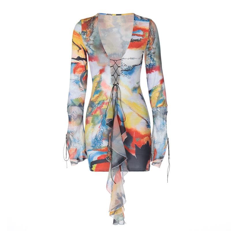 Lace up contrast flared sleeve self tie tie dye mini dress - View 2