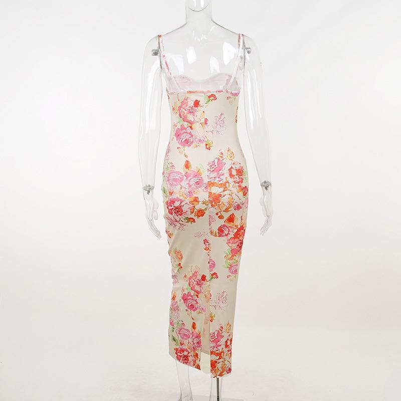 Lace hem sweetheart neck flower print contrast cami maxi dress - View 4