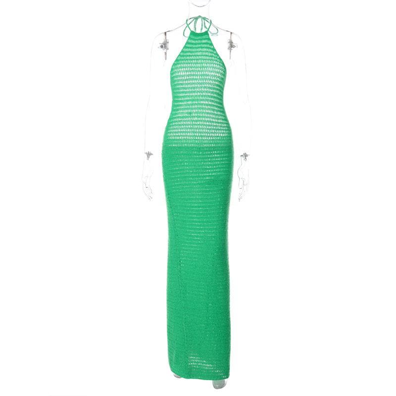 Crochet solid halter backless self tie maxi dress 2