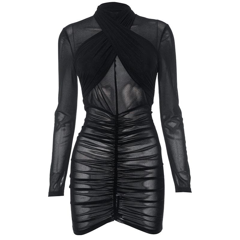 Ruched long sleeve cross front sheer mesh see through mini dress 2