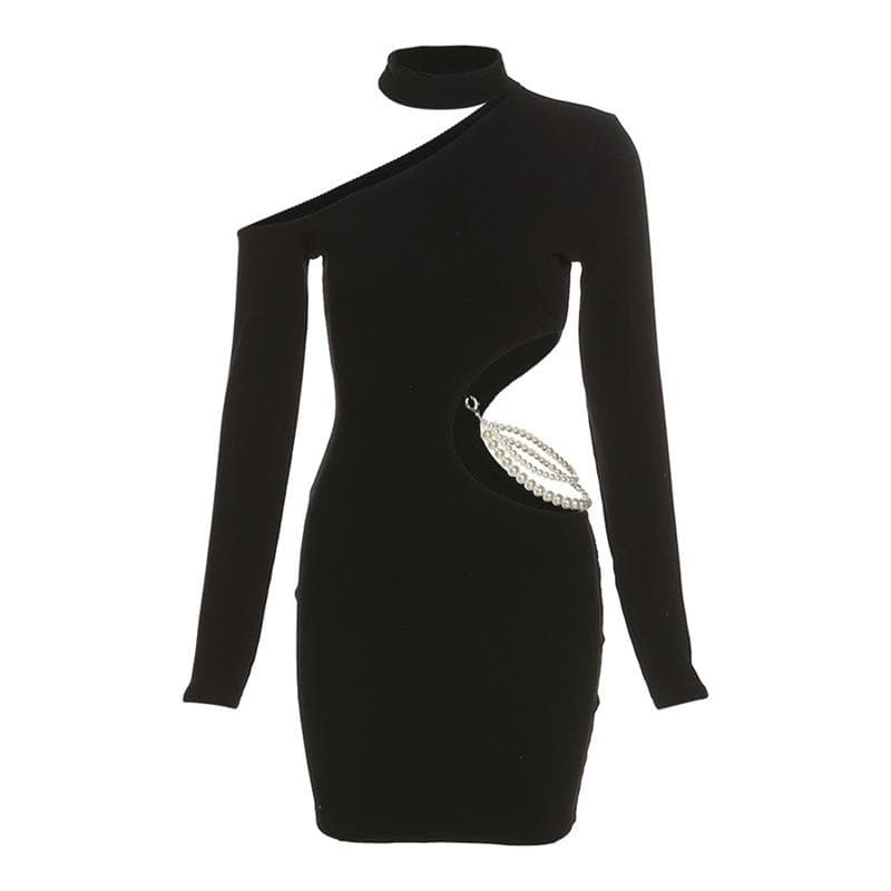 Mock Neck Long Sleeve Asymmetric Shoulder Pearl Chain Side Cut Out Bodycon Mini Dress