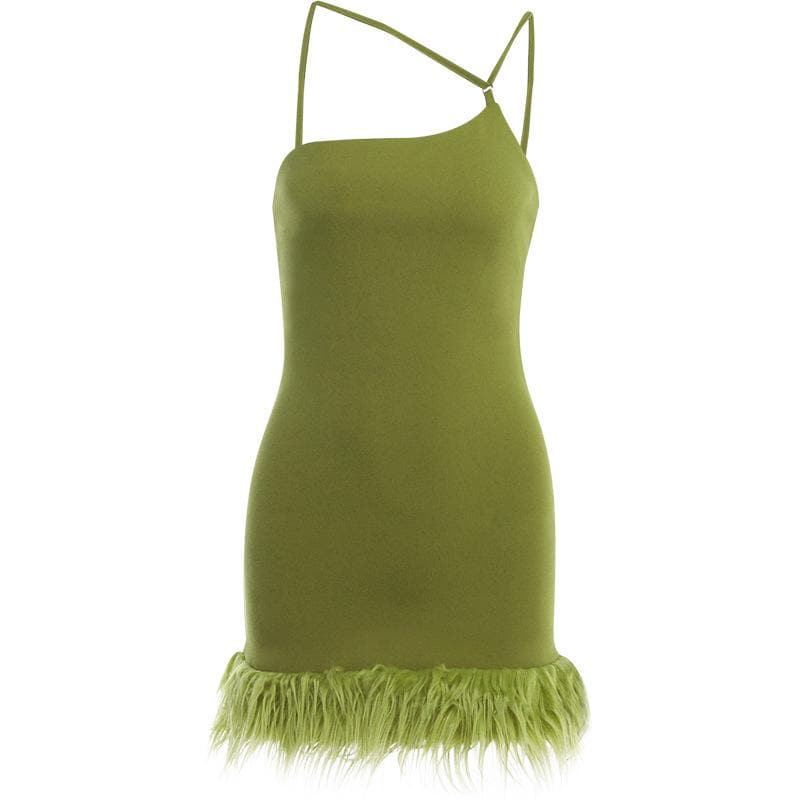 Asymmetric Strap Feather Trim Hem Bodycon Cami Mini Dress