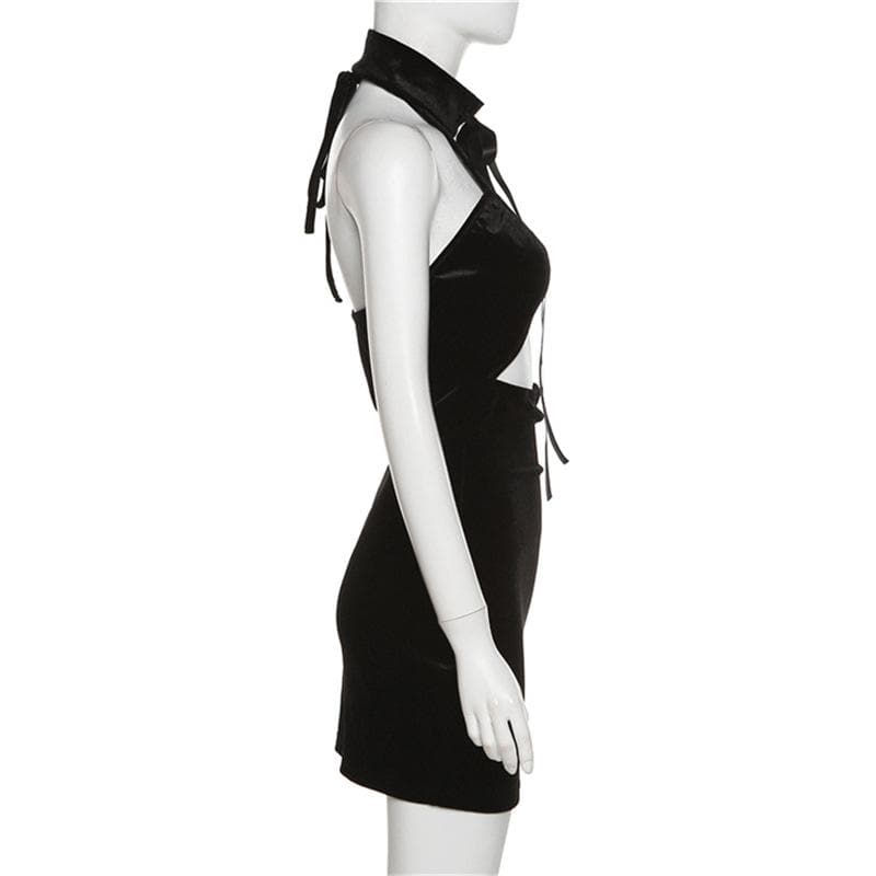 Velvet Halter Neck Cut Out Bodycon Mini Dress
