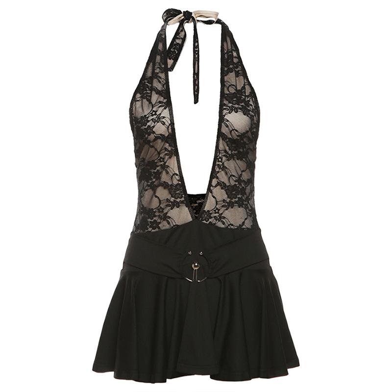 Lace Halter Deep V-Neck Pleated Mini Dress