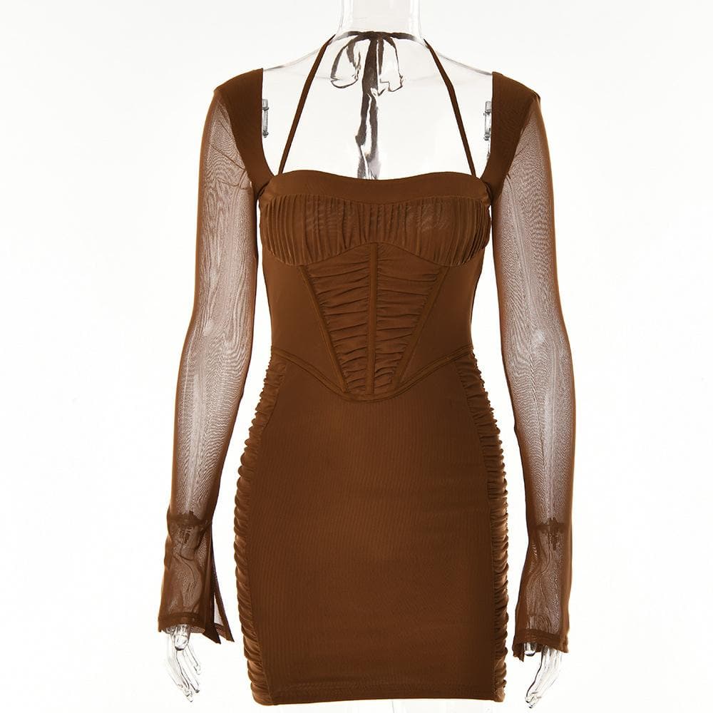 Mesh Long Sleeve Ruched Corset Bodycon Mini Dress