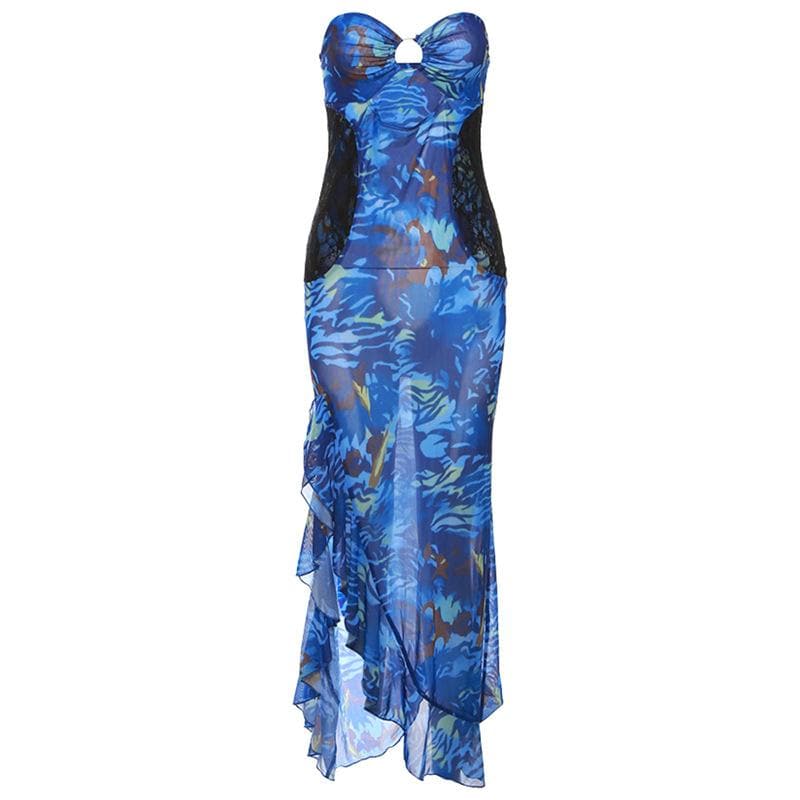 Mesh see through hollow out o ring contrast print ruffle maxi dress 2