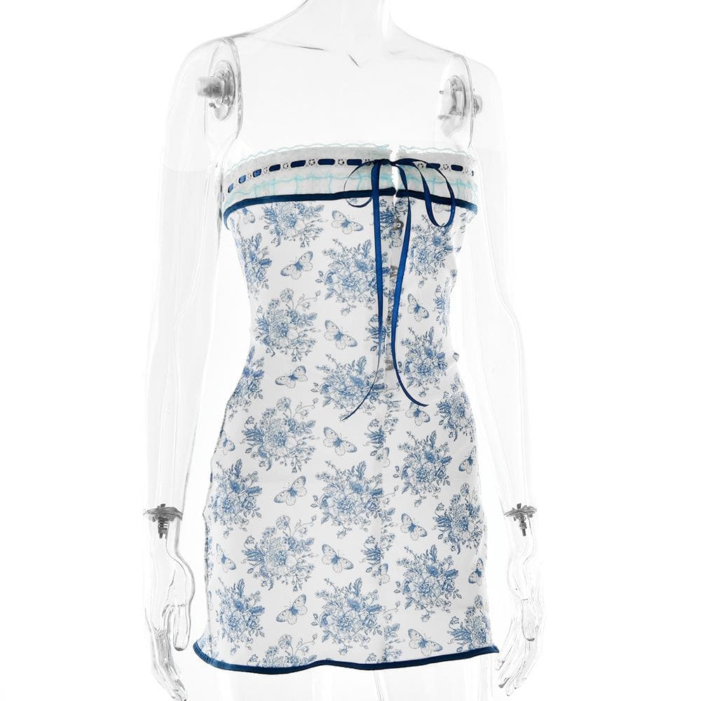 Floral Print Lace Trim Strapless Lace Up Bodycon Mini Dress