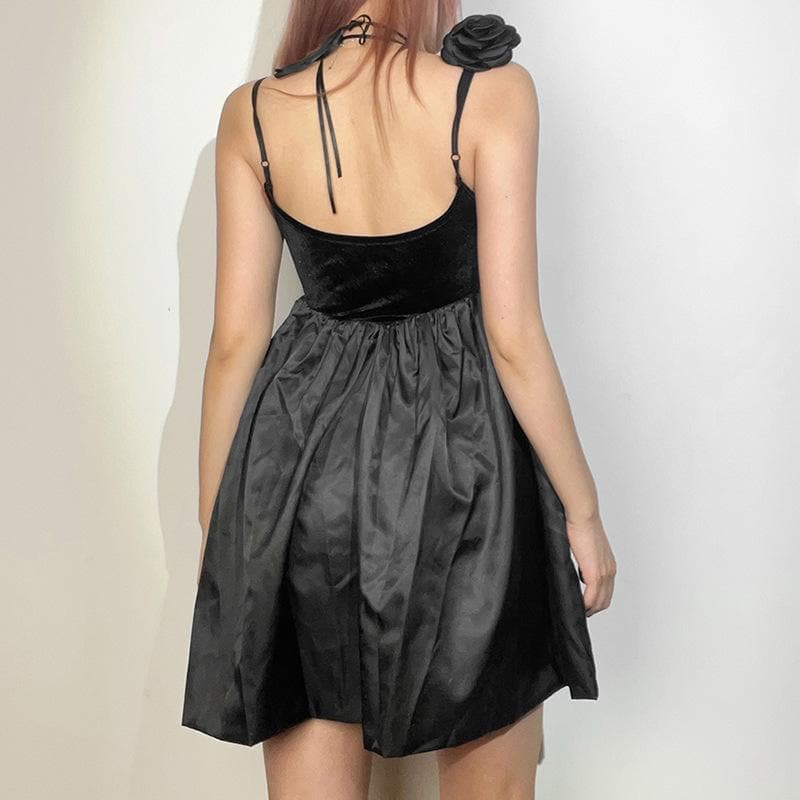 Velvet Notch Neck Spaghetti Strap Flower Applique Bubble Mini Dress