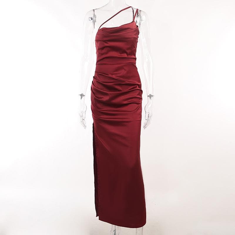 Solid satin ruched one shoulder slit midi dress - View 2