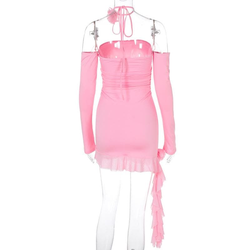 Off Shoulder Long Sleeve Ruched Ruffle Hem Bodycon Mini Dress