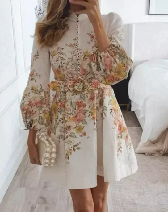 Printed Button Placket Mini Dress