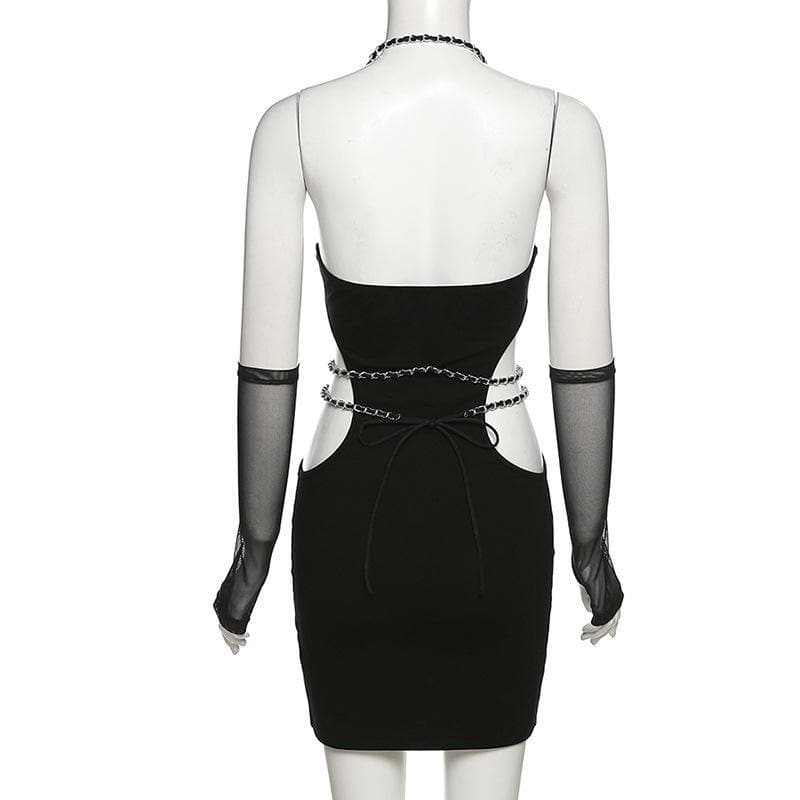 Hollow out side metal chain halter mesh gloves dress - View 3